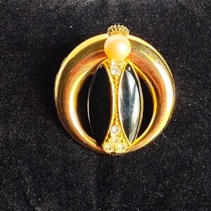 Vintage Gold and Black Brooch with Pearl Accent
